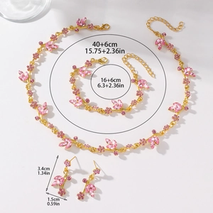 Detailed size specifications for pink rhinestone necklace, bracelet and earrings jewelry set