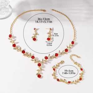Detailed size chart for red flower bridal jewelry set with necklace and earrings