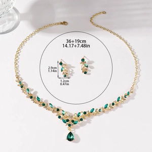 Detail view of emerald green rhinestone bridal jewelry set with necklace dimensions