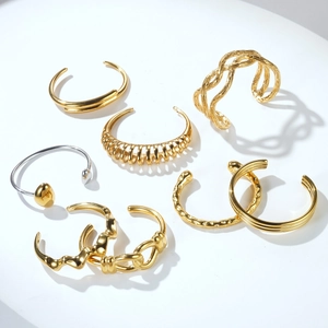 Minimalist stainless steel open bangles set with hollow texture and gold finish