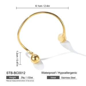 Detailed view of golden stainless steel open bangle with dual ball ends and dimensions