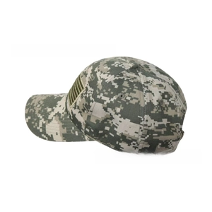 Close-up of tactical baseball cap featuring ACU digital camouflage and American flag patch