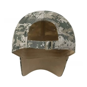 Detail view of digital camo baseball cap with adjustable metal buckle and khaki lining