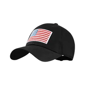 Detail of USA flag embroidery on a vintage washed black cotton baseball cap