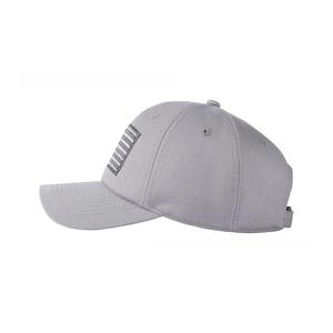 Side view of grey washed cotton baseball cap with American flag embroidery