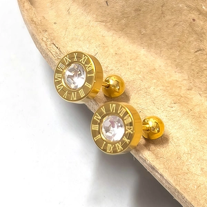 Gold-plated mini stud earrings with Roman numeral engraving and a center cubic zirconia