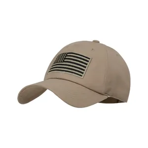 Vintage khaki baseball cap with US flag embroidery patch and six-panel cotton design