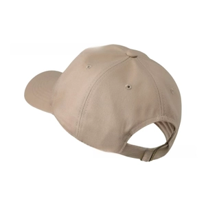 Detail of beige cotton baseball cap featuring vintage metal adjustable back buckle