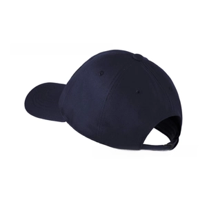 Detail view of washed navy baseball cap featuring metal buckle adjustment and cotton stitching