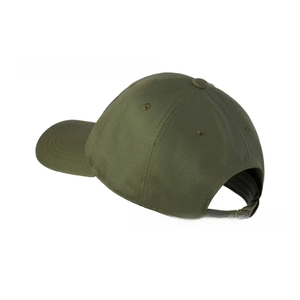 Detail view of olive green baseball cap with classic six-panel structure and metal buckle