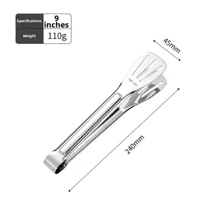 Detailed view of 9-inch 304 stainless steel food tongs with size and weight dimensions
