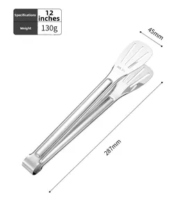 Macro detail of 304 stainless steel food tongs showing SUS 304 material engraving