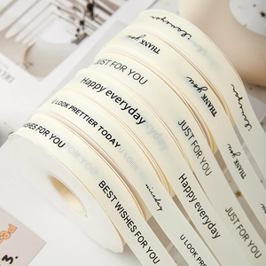 Detail of cream decorative ribbon with black English text for gift box packaging