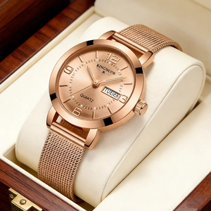 Women's Quartz Watch Stainless Steel Mesh Band Luminous Double Calendar Waterproof Fashion Casual Elegant Wristwatch