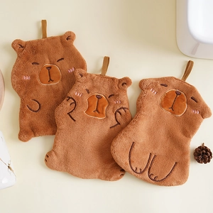 Three-pack of brown Capybara hanging hand towels in soft thickened coral fleece material