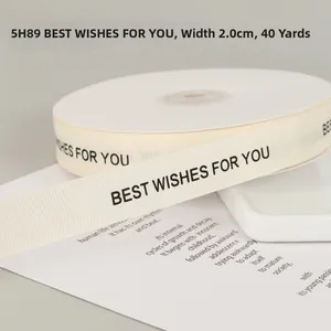 Detail of 2.0cm cream rib ribbon with black Best Wishes For You print for gift wrapping
