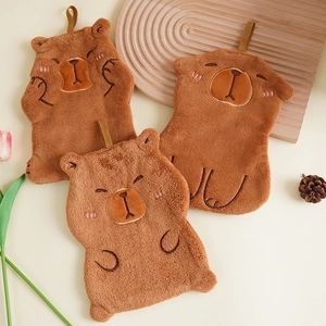 Three-piece brown cartoon bear hand towels in soft coral fleece with hanging loops