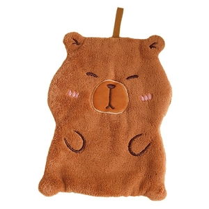 Cartoon capybara hanging hand towel in brown coral fleece with cute embroidery