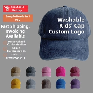 Detailed palette of vintage washed cotton baseball caps for kids in eleven solid colors