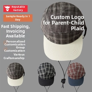 Detail of plaid sun hats with adjustable drawstrings in four assorted colors