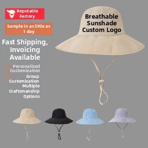 Detailed view of sun hat available in beige, black, light blue, and purple colors
