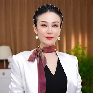 Detail of silk-like gradient chiffon shawl with elegant pearl accessories and white blazer