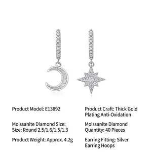 Asymmetric S925 silver star and moon earrings with 40 moissanite stones and gold plating