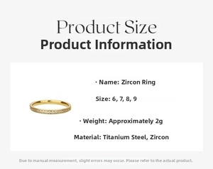 Specifications for gold titanium steel zircon ring showing size 6-9 and 2g weight details