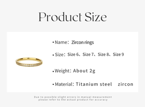 Size chart for 18k gold plated titanium steel zircon ring showing weights and sizes 6 to 9