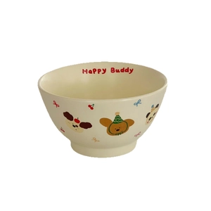 Ceramic cereal bowl with cute cartoon animal prints and Happy Buddy lettering