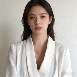 Elegant gold plated heart necklace with shell inlay worn on a model wearing silk shirt