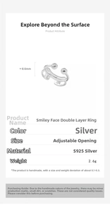 Macro detail of S925 sterling silver layered smile ring with adjustable band and size specs