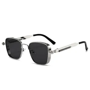 Retro square steampunk sunglasses with silver metal frame and spring hinge details