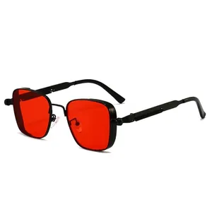 Steampunk vintage square metal sunglasses with red lenses and spring temple design