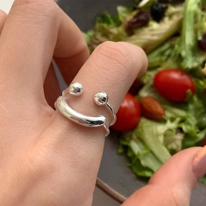 925 Sterling Silver Smiley Face Double Layer Open Ring For Women Minimalist Adjustable Polished Finger Ring Fashion Jewelry Gift