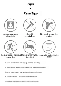 Care guide for jewelry showing chemical avoidance, anti-scratch tips, and storage instructions
