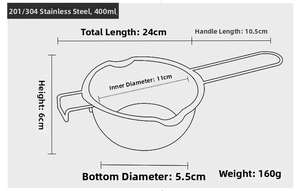 Detailed technical diagram of 400ML stainless steel melting pot with full dimensions