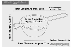 Detailed 600ml stainless steel melting pot dimensions showing 28cm length and 12.5cm diameter