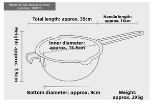 Technical diagram of 1000ml stainless steel melting pot with detailed dimensions