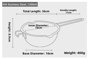 Technical diagram of 1200ml stainless steel melting pot showing 16cm diameter and dimensions