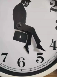 Detail of Silly Walks wall clock featuring black silhouette legs as moving hands