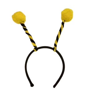 Christmas bee headband with black and yellow striped antennae and soft fuzzy pom-poms