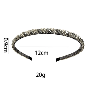 Handmade headband with dark grey crystal beads on a thin 0.9cm black metal frame
