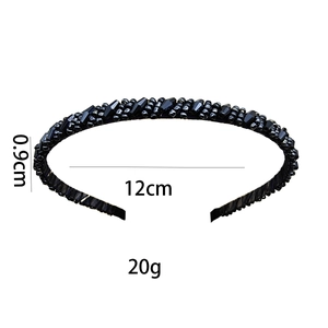 Handmade black beaded headband with crystals, 0.9cm width and 12cm diameter size guide