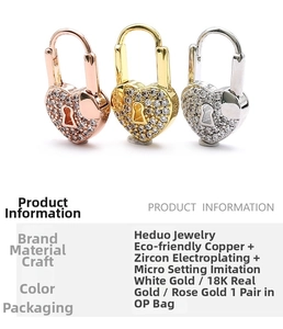 Detailed specs of heart lock earrings in gold, silver, and rose gold with zircon