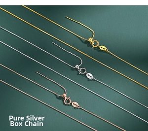 Detail of S925 sterling silver box chains in gold, silver and rose gold with adjustable beads