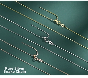Close-up of S925 sterling silver snake chains in gold, silver, and rose gold finishes