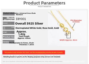 Detailed size specifications for S925 sterling silver DIY cross chain with needle tip