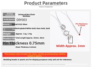 Macro detail of S925 sterling silver box chain with needle tip and technical specs