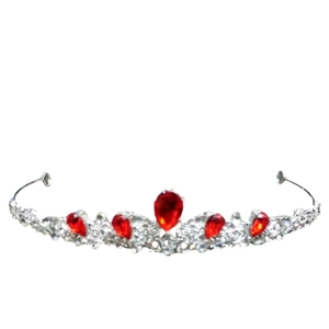 Luxurious silver bridal tiara with red teardrop zircons and clear crystal headband